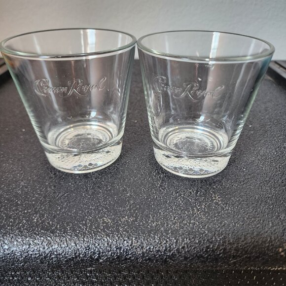 2 Crown Royal Whiskey Old Fashion Rocks Glasses base embossed bubbles + logo - Picture 2 of 10